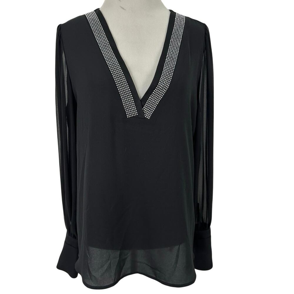 Express Black Rhinestone V-Neck Sheer Long Sleeve Blouse Top Size M Dressy